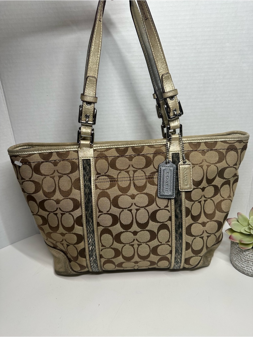 Coach Signature Canvas Tote in Brown and Gold Trim